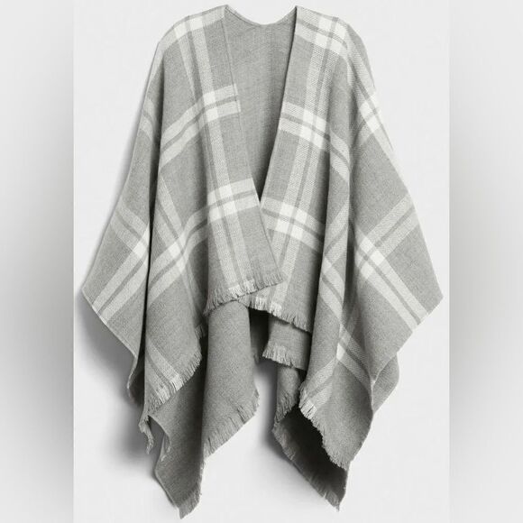 Banana Republic NWT Grey White Plaid Poncho OS - Picture 3 of 9